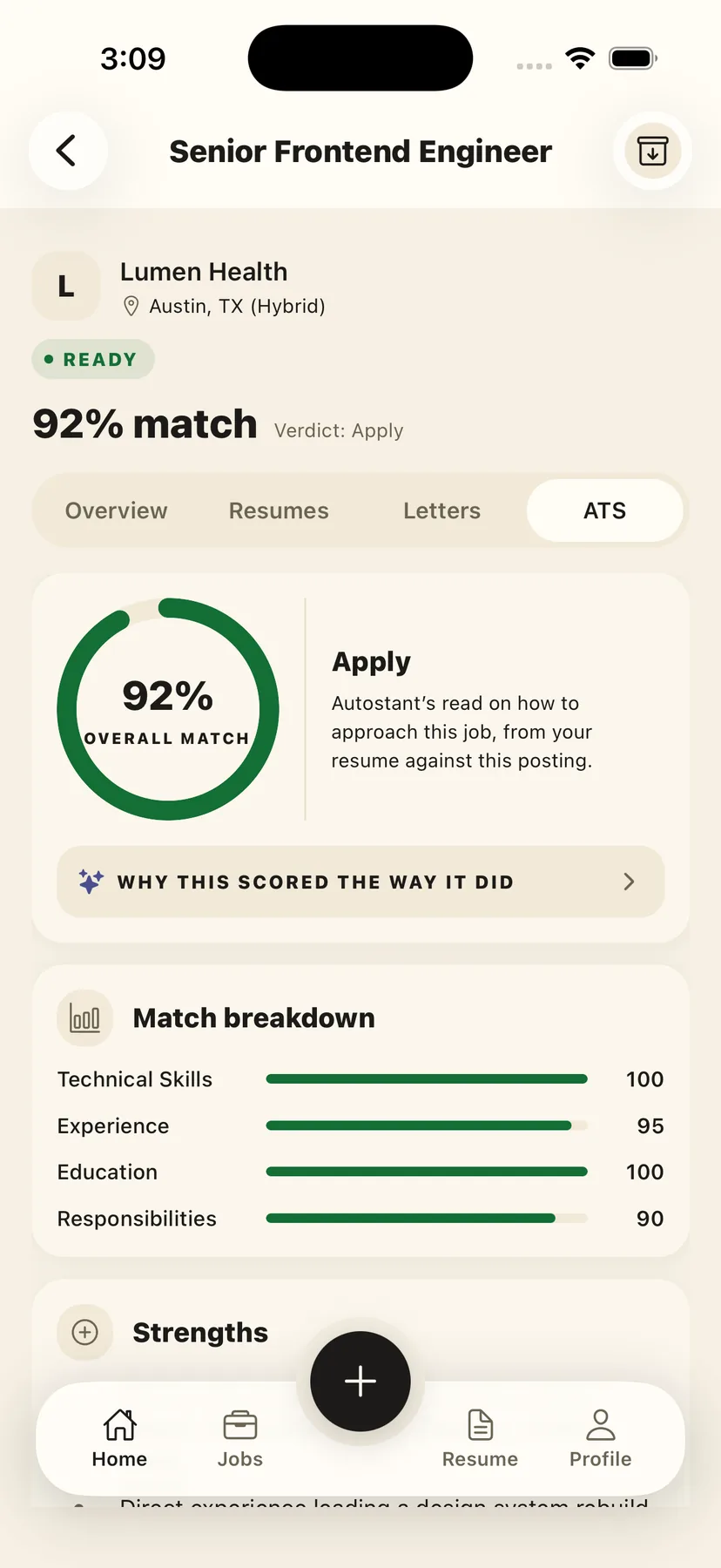 AutoStant ATS analysis: a 92% overall match ring with a verdict of Apply, and a breakdown scoring technical skills, experience, education and responsibilities separately.