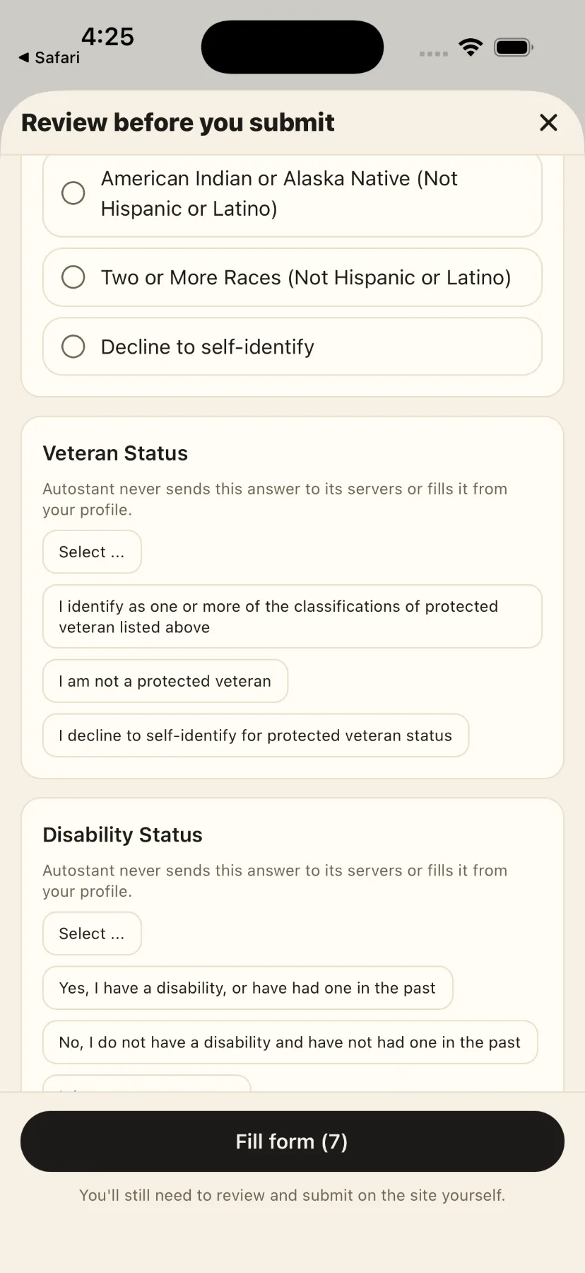The veteran-status and disability-status questions in AutoStant's review step, each labelled: AutoStant never sends this answer to its servers or fills it from your profile.