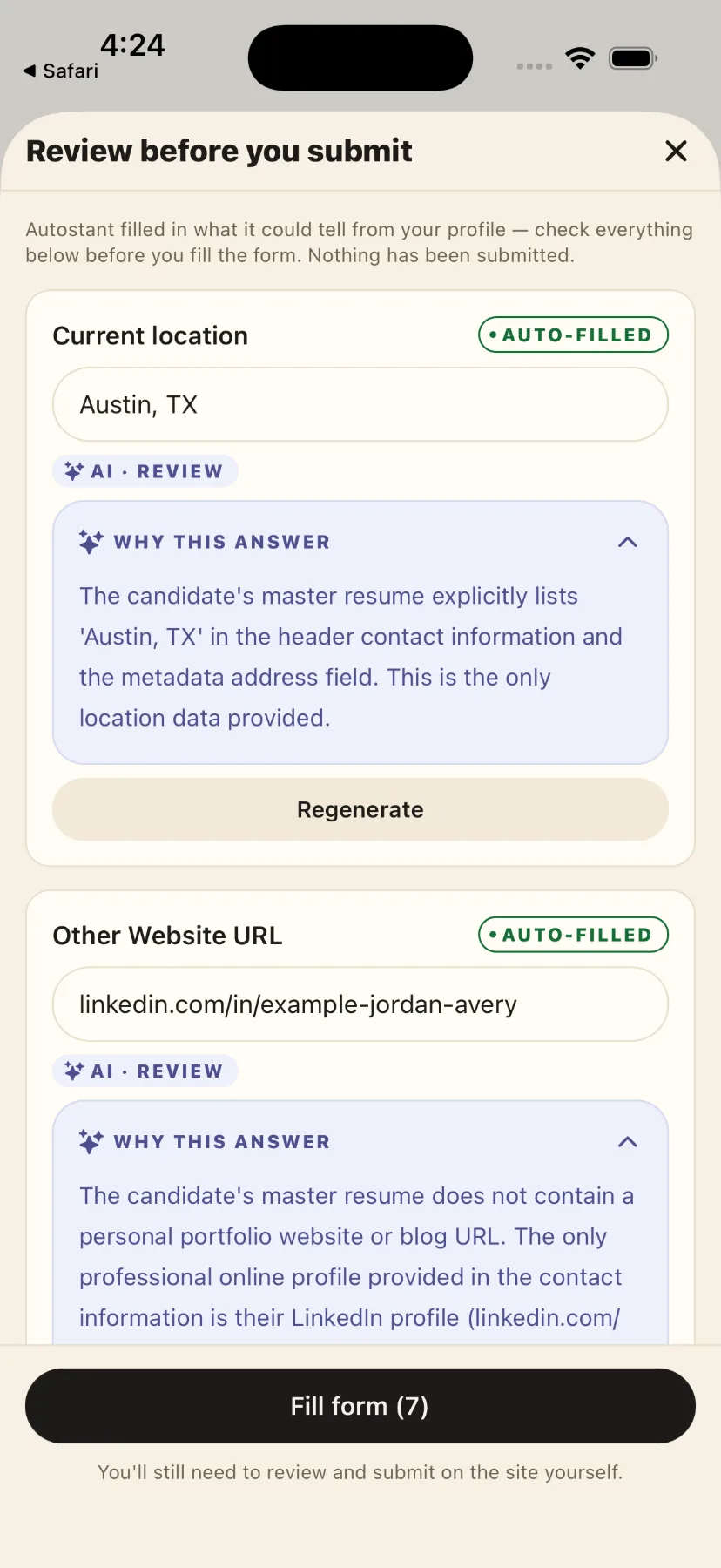 The AutoStant review step: "Review before you submit", each answer marked auto-filled or AI, an expandable explanation of why that answer was chosen, and a Fill form button noting that you still review and submit on the site yourself.