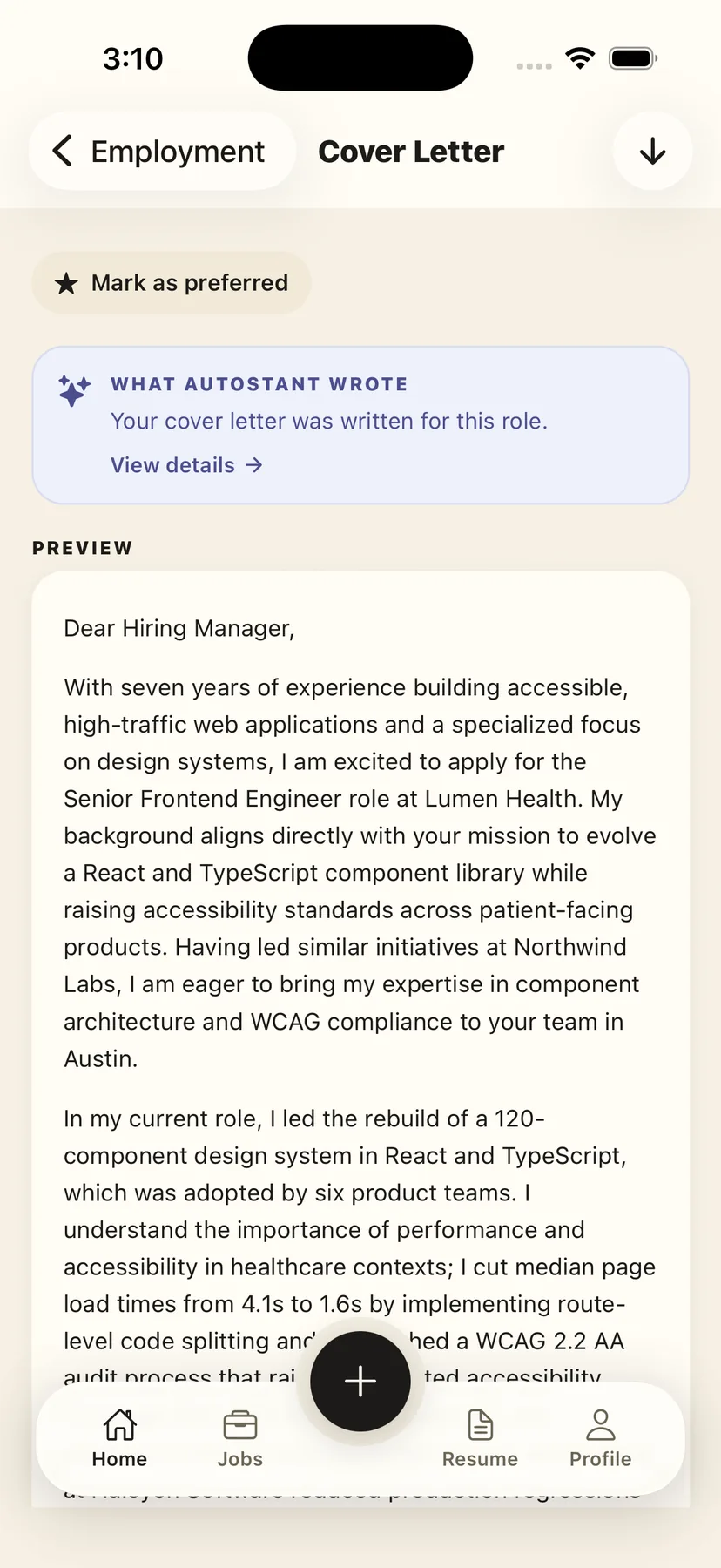 A cover letter AutoStant wrote for one specific job, marked as AI-written, with the full letter shown for review.