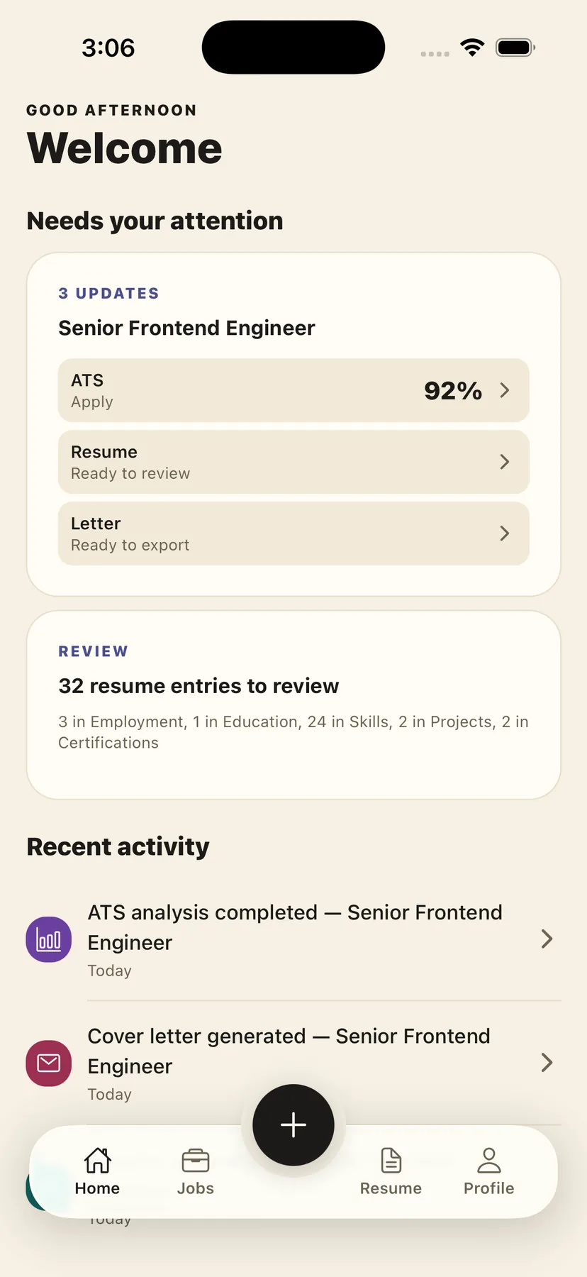 AutoStant home screen: an attention card for a Senior Frontend Engineer application showing a 92% ATS match, a resume ready to review and a letter ready to export, above a recent activity feed.