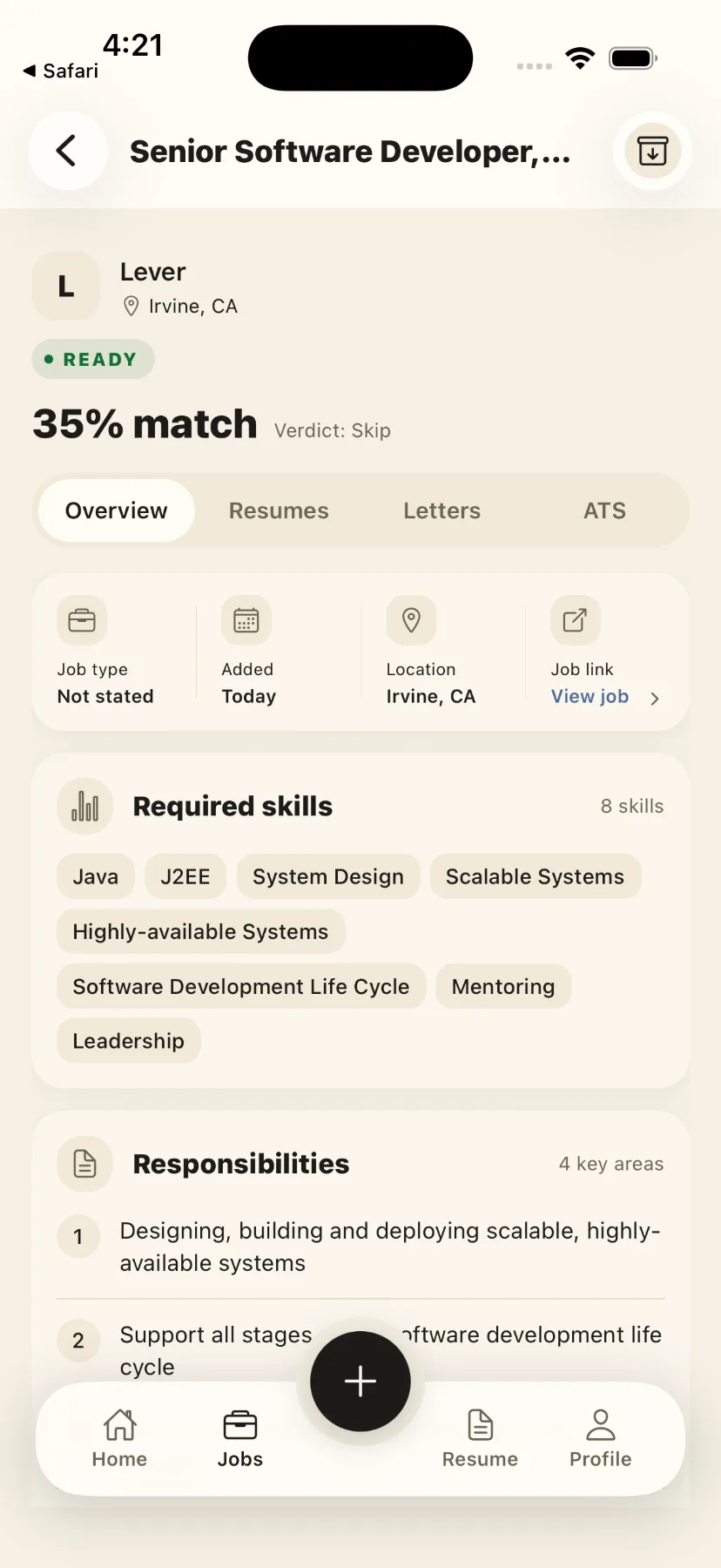 A job AutoStant captured from a shared link, already read: employer, location, a 35% match with a verdict of Skip, the eight required skills and the responsibilities pulled out of the posting.