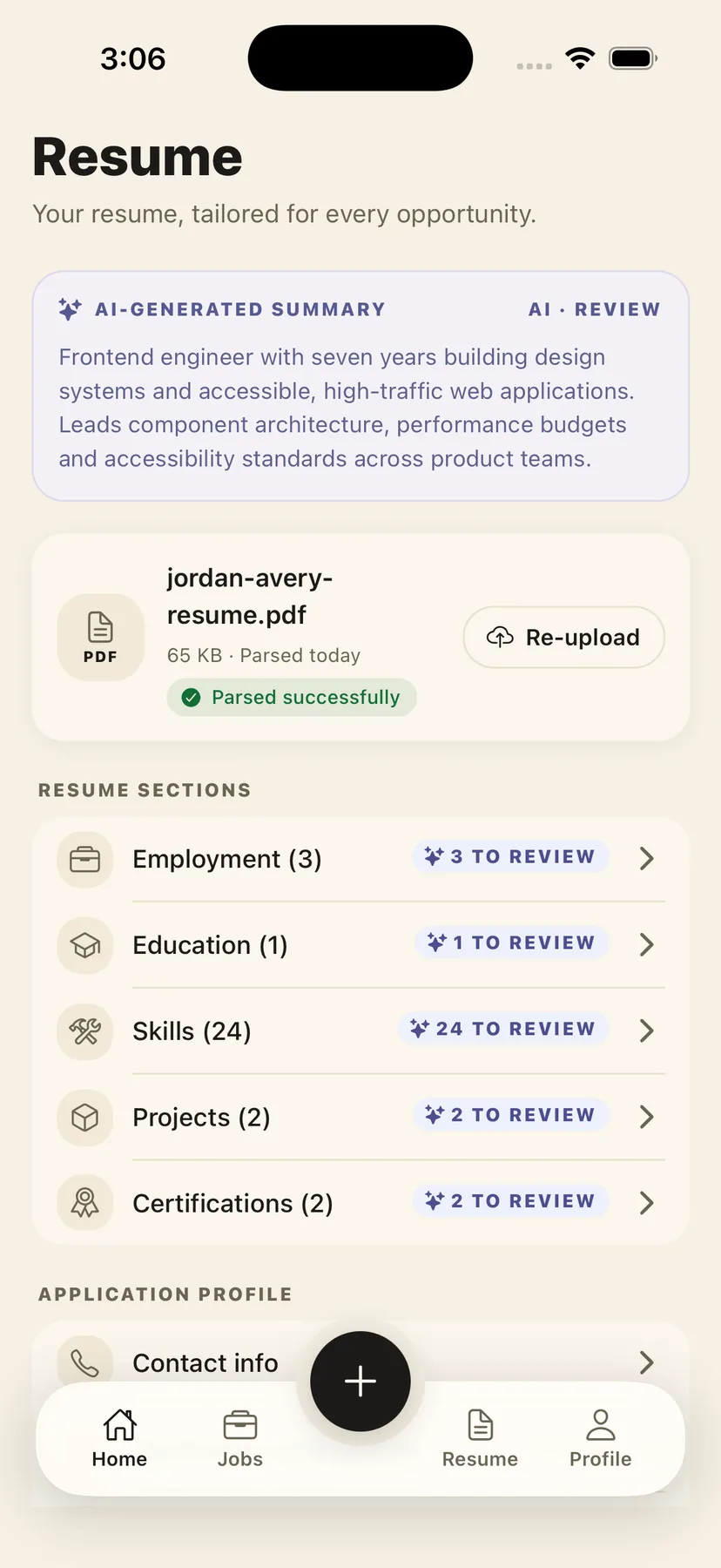 AutoStant Master Resume screen: an AI-generated summary marked for review, the uploaded resume file, and the parsed sections for employment, education, skills, projects and certifications.