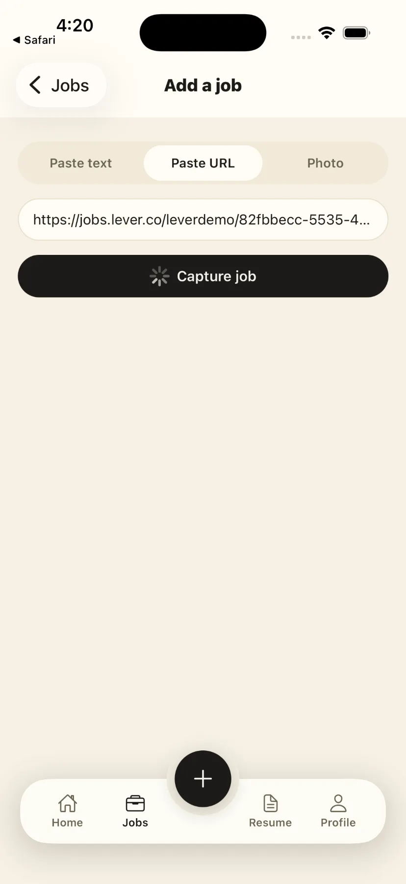 AutoStant opening straight onto Add a job with the shared posting URL already filled in and Capture job already running — no second tap.