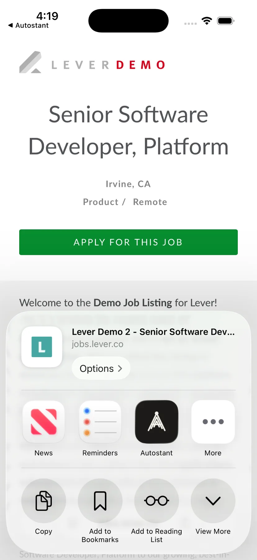 The iOS share sheet open over a job posting in Safari, with AutoStant offered as a share destination alongside the system apps.